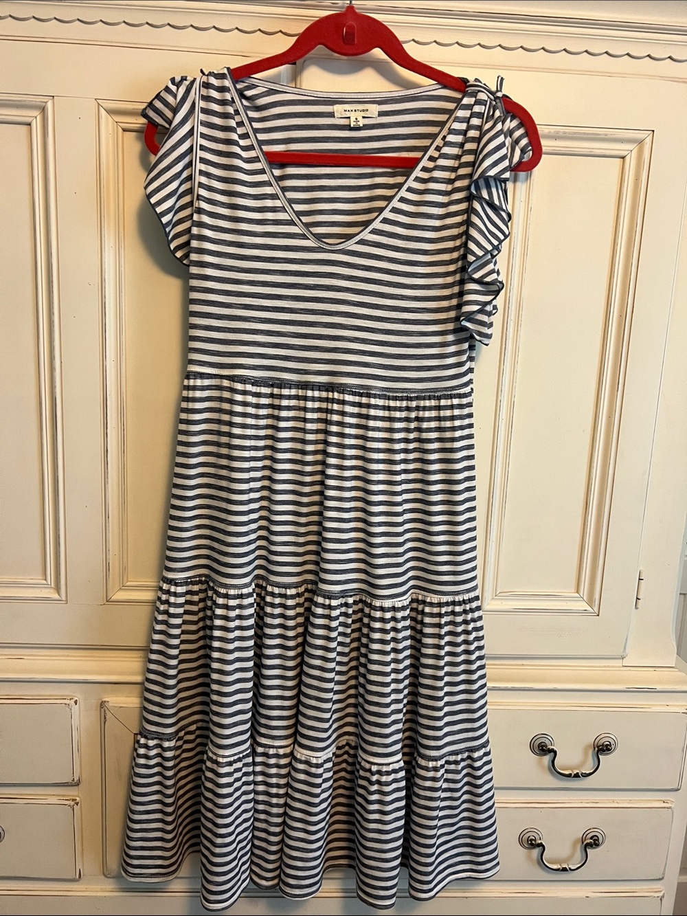 Max Studio Navy & White Striped Tiered Casual Dress